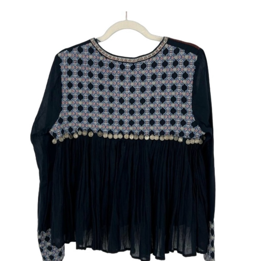 Lovestitch Large Over Top Metal Detail Pleated Fringe Embroidered Cotton Tunic
